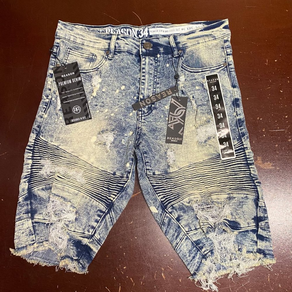 Reason Men Blue Distressed 5 Pocket Design Denim Bermuda Shorts Size 34 40